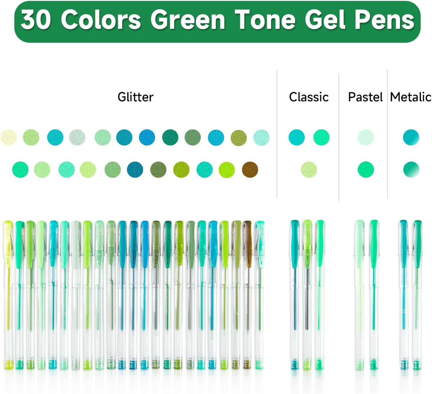 Shuttle Art 60 Pack Green Tone Gel Pens, 30 Green Tone Gel Pens with 30 Refills for Adults Coloring Books Journaling Drawing Nature, Landscapes, Animals Scenes