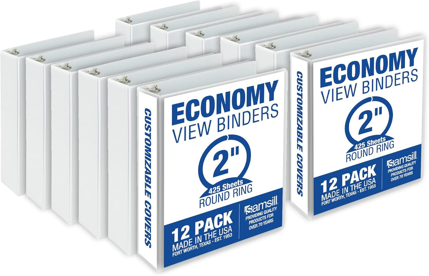 Samsill 2 Inch 3 Ring Binders, Made in USA, Economy Round Ring, Clear View Cover, 425 Sheet Capacity - for School, Home, Office - White, 12 Pack