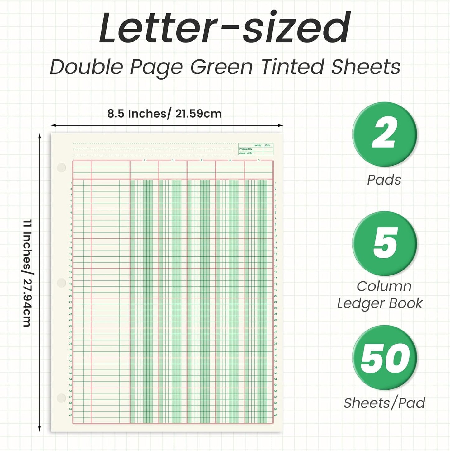 gisgfim 2 Pads 100 Sheets Columnar Analysis Pad 3 Hole Punch Accounting Ledger Book 8-1/2 x 11 Ledger Paper Pad Double Page Format Columnar Pads for Business Bookkeeping & Data(5 Column Ledger)