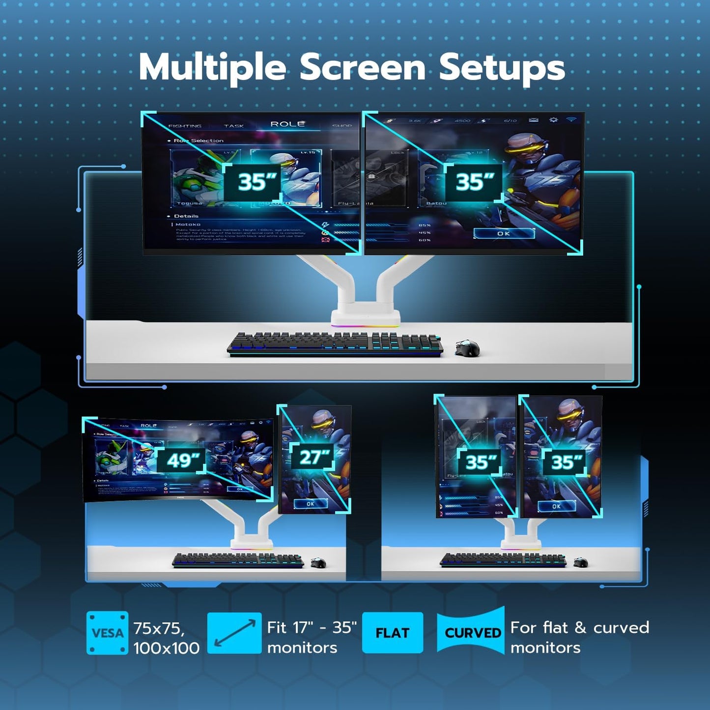 ARES WING Dual Monitor Mount for 17-35 Inch Ultrawide Heavy Duty Curved Screen, Computer Monitor Arm Desk Mount, Gas Spring Adjustable Dual Monitor Stand for Desk, White