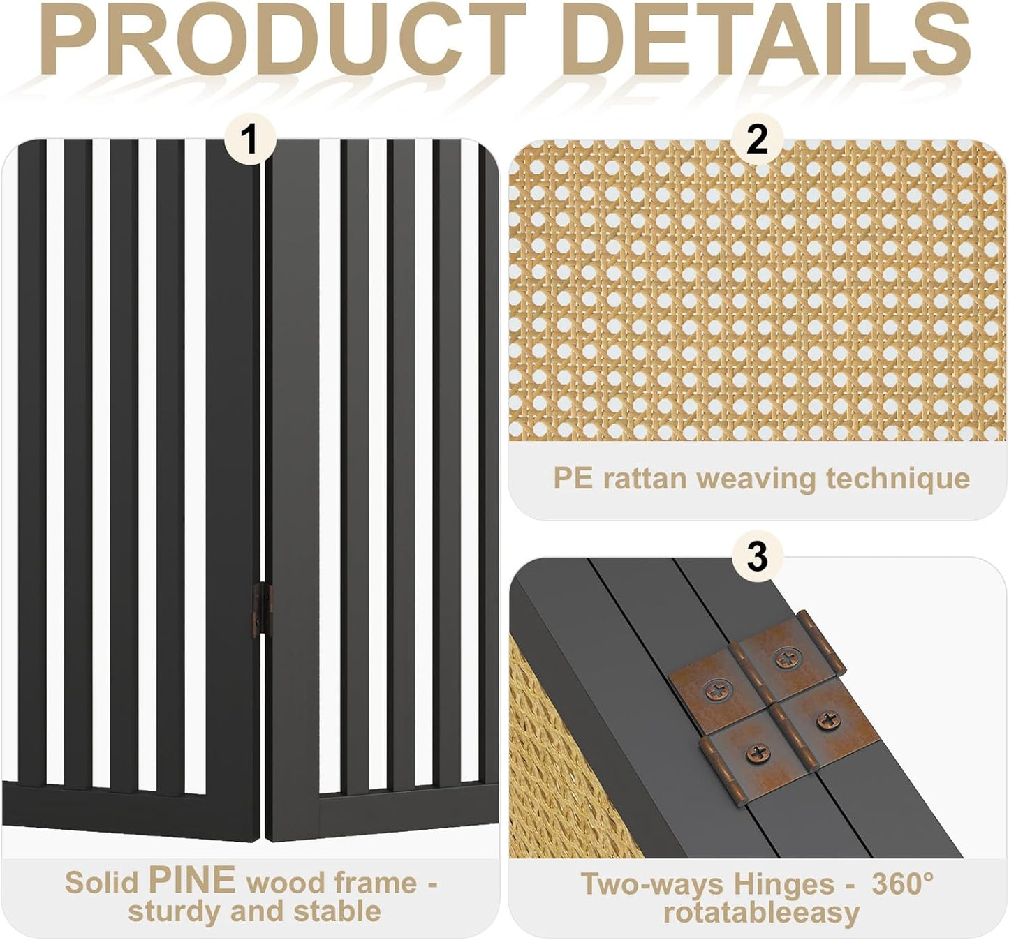 3-Panel Hand-Woven Rattan Room Divider, Tall Foldable Privacy Screen with Wooden Frame - Freestanding Portable Partition for Home Office, Bedroom, Bathroom(Black-Pine)