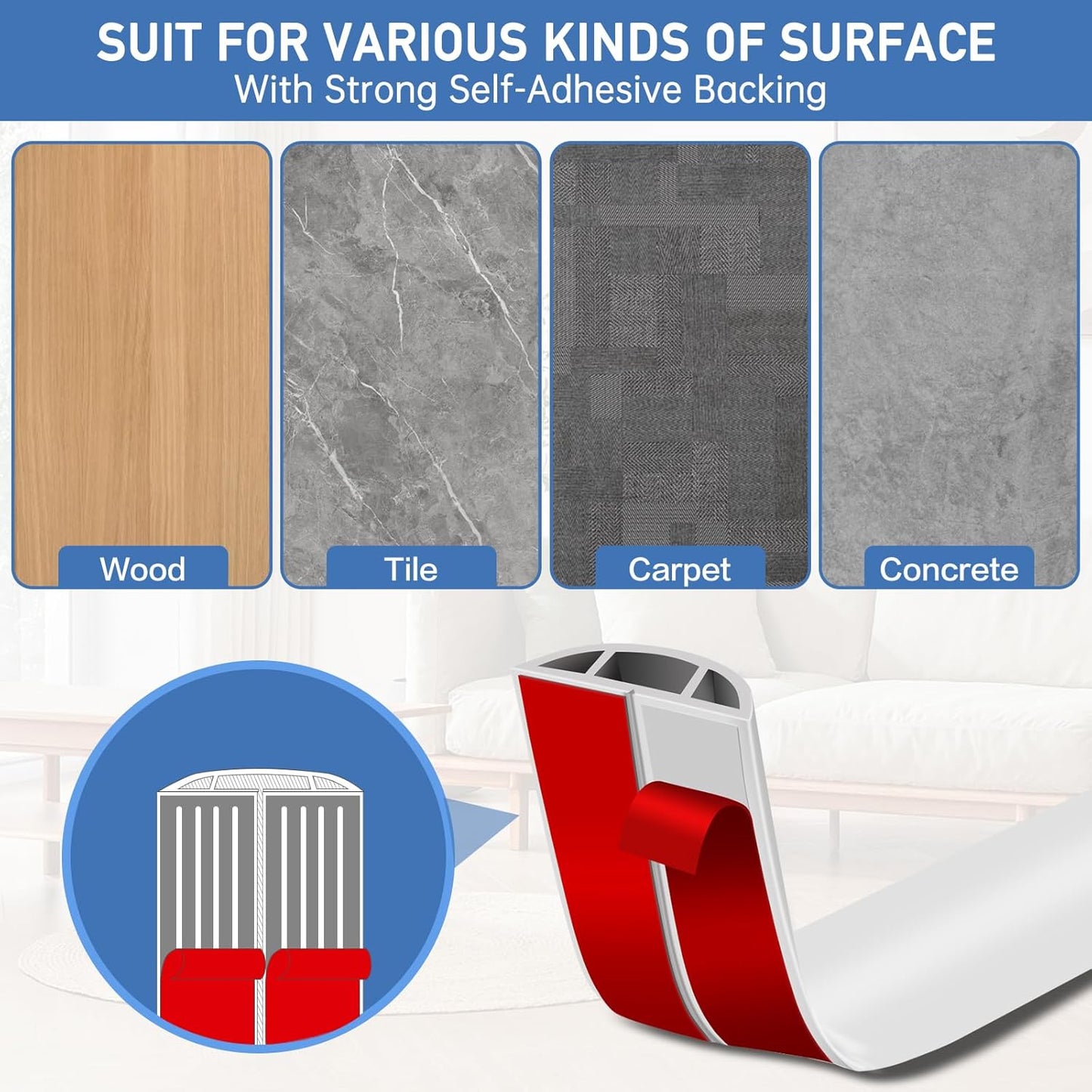 Floor Cord Cover Self Adhesive Cord Hider Floor Extension Cord Covers for Floor Power Cord Protector Cable Management Prevent Cable Trips Cable Cavity 0.47" W x 0.27" H (White, 20Ft)