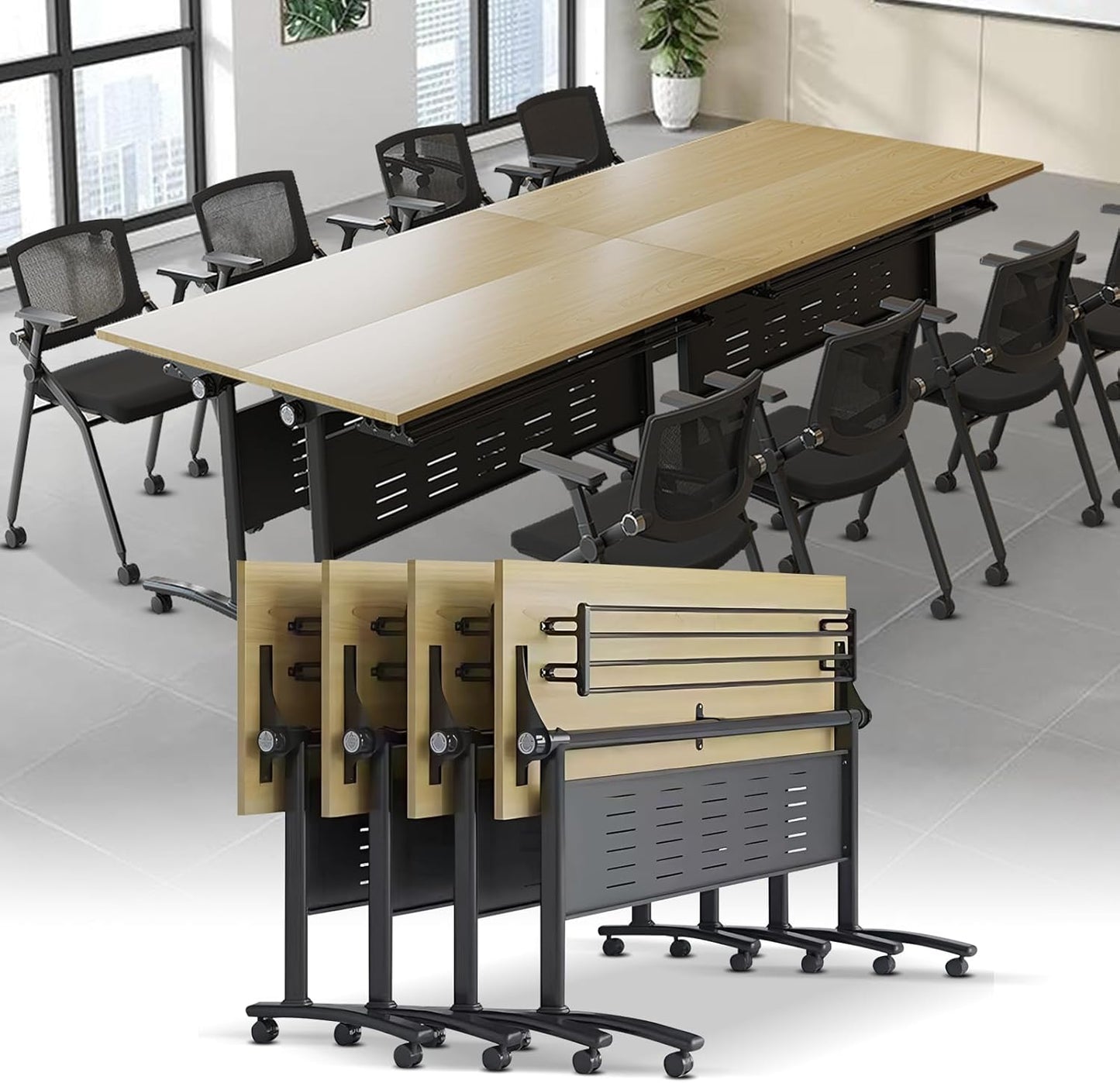 Folding Conference Table, Maple Brown Folding Conference Room Table with One-Touch Fold Button & 360° Swivel Casters, Space-Saving Mobile Meeting Table for Offices, Training Rooms(4PCS)