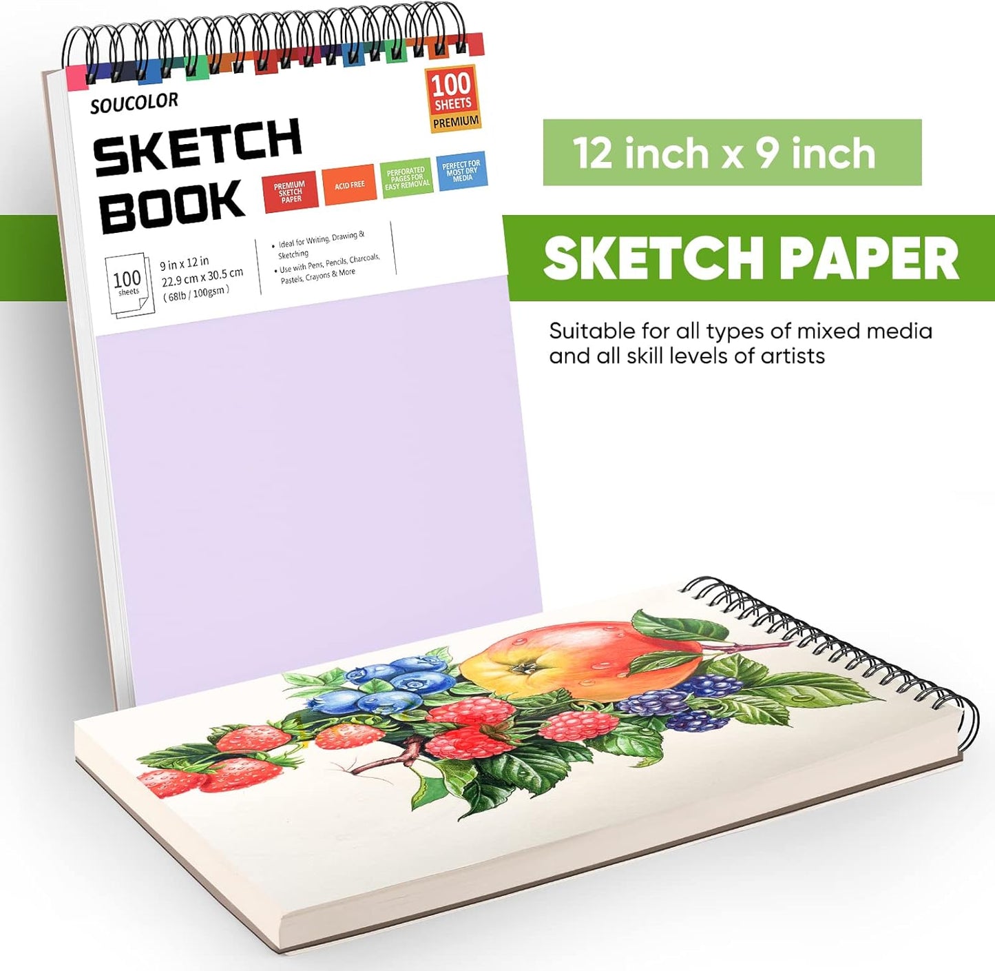 Soucolor 9" x 12" Sketch Book - 2 Packs, 100-Sheets Each (68lb/100gsm) Drawing Pad for Girls and Women - Christmas, Birthday, Thank You Gifts and Stocking Stuffers