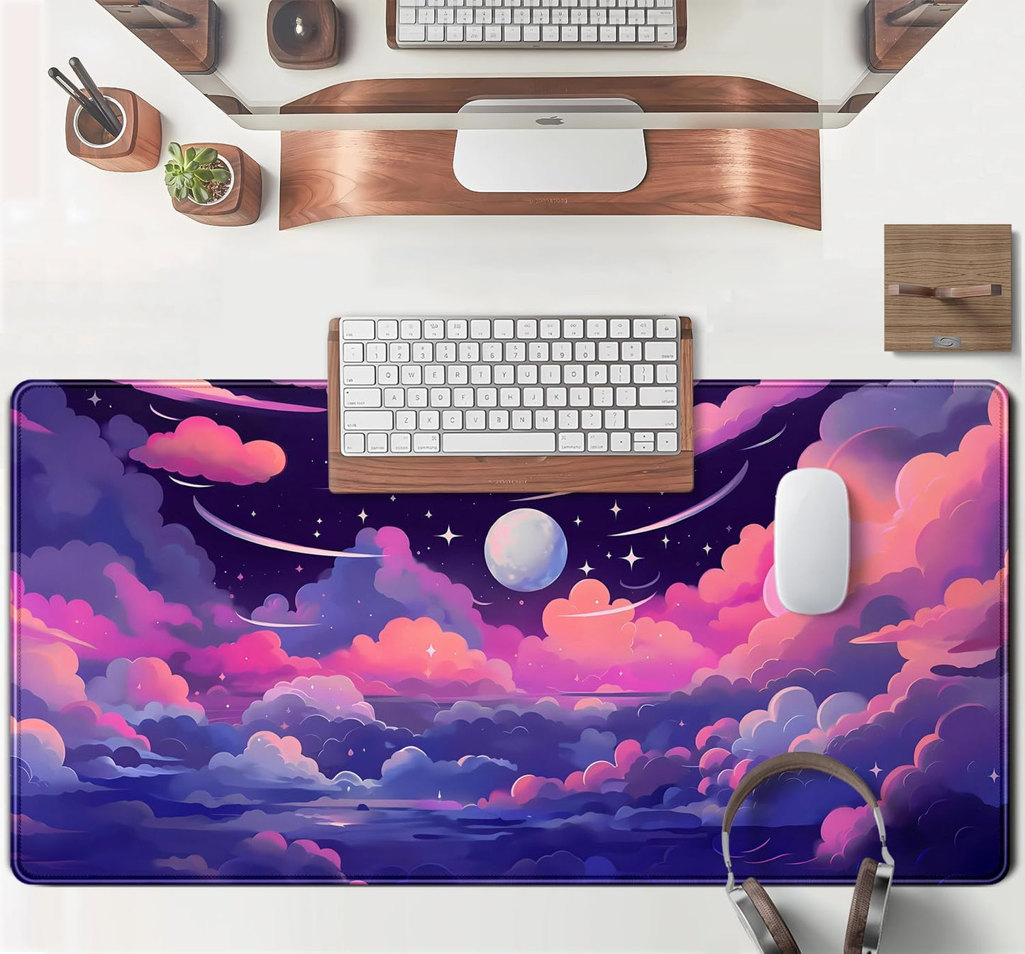Pastel Pink Purple Clouds Moon Mouse pad Desk Mat, Cute Space Deskmat XXL Large Extended Mousepad Gaming Desk Pad, Big Laptop Computer Keyboard and Mouse Pad Mat for Women Office Decor 31.5x15.7 in