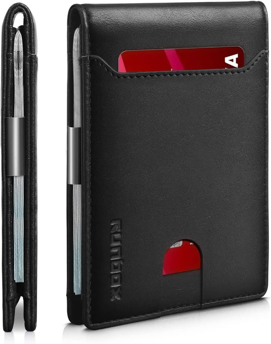 RUNBOX Slim Wallets for Men - Leather Money Clip Mens Wallet - RFID Blocking Front Pocket Bifold Wallet - Minimalist Credit Card Holder with Gift Box