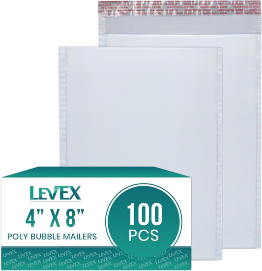 Levex - #000 4" x 8" [100 Pack] Poly Bubble Mailers, Padded Envelope Mailers, Packing Envelope & Mailing Bags for Shipping