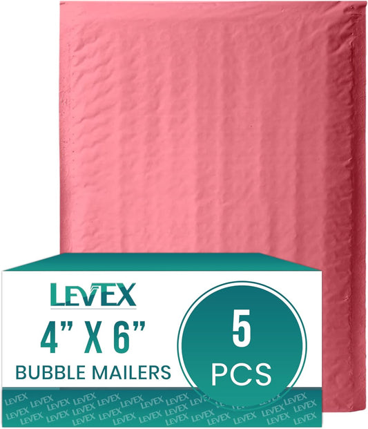Levex - #0000 4" x 6" [5 Pack] Pink Poly Bubble Mailers, Padded Envelope Mailers, Packing Envelope & Mailing Bags for Shipping
