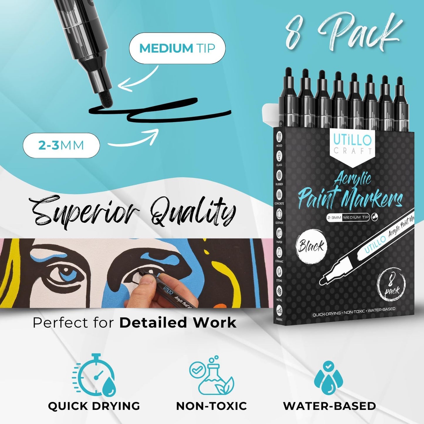 Black Paint Pen (8-Pack) Medium Tip Made in Japan | Bold Color+100% Coverage | For Rock, Wood, Glass, Paper, Fabric, Canvas, Metal and More! | 2-3mm Black Paint Pens | Black Acrylic Paint Pens