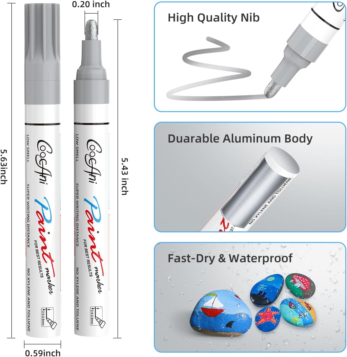 Silver Permanent Paint Markers, 2 Pack Opaque Metallic Paint Marker Pens for Art Projects, Rock Painting, Drawing, Wood, Glass, Ceramic, Plastic, Canvas, Mugs DIY Crafts (Silver,2 Pack)