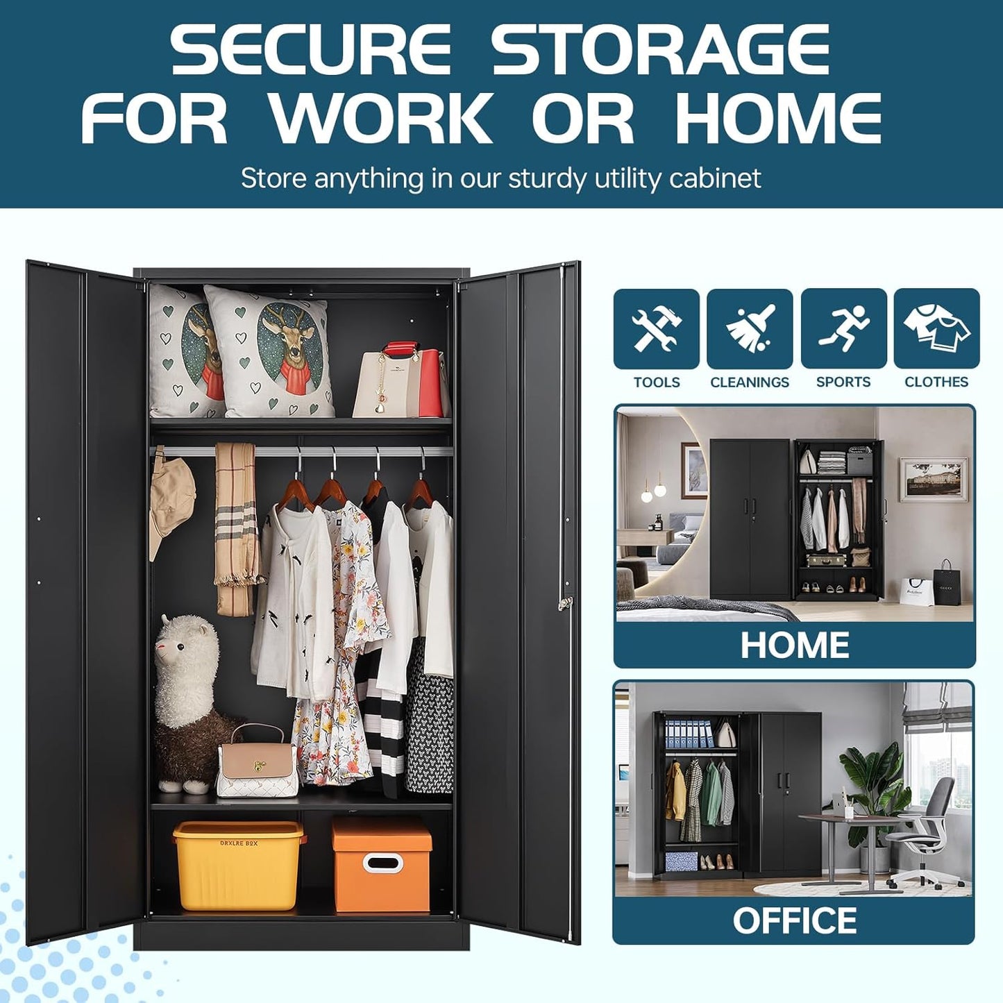 MIIIKO Steel Wardrobe Cabinet for Clothes, 72" Garments Closet Cabinet for Home Office and Bedroom with Shelves and Hanging Rod