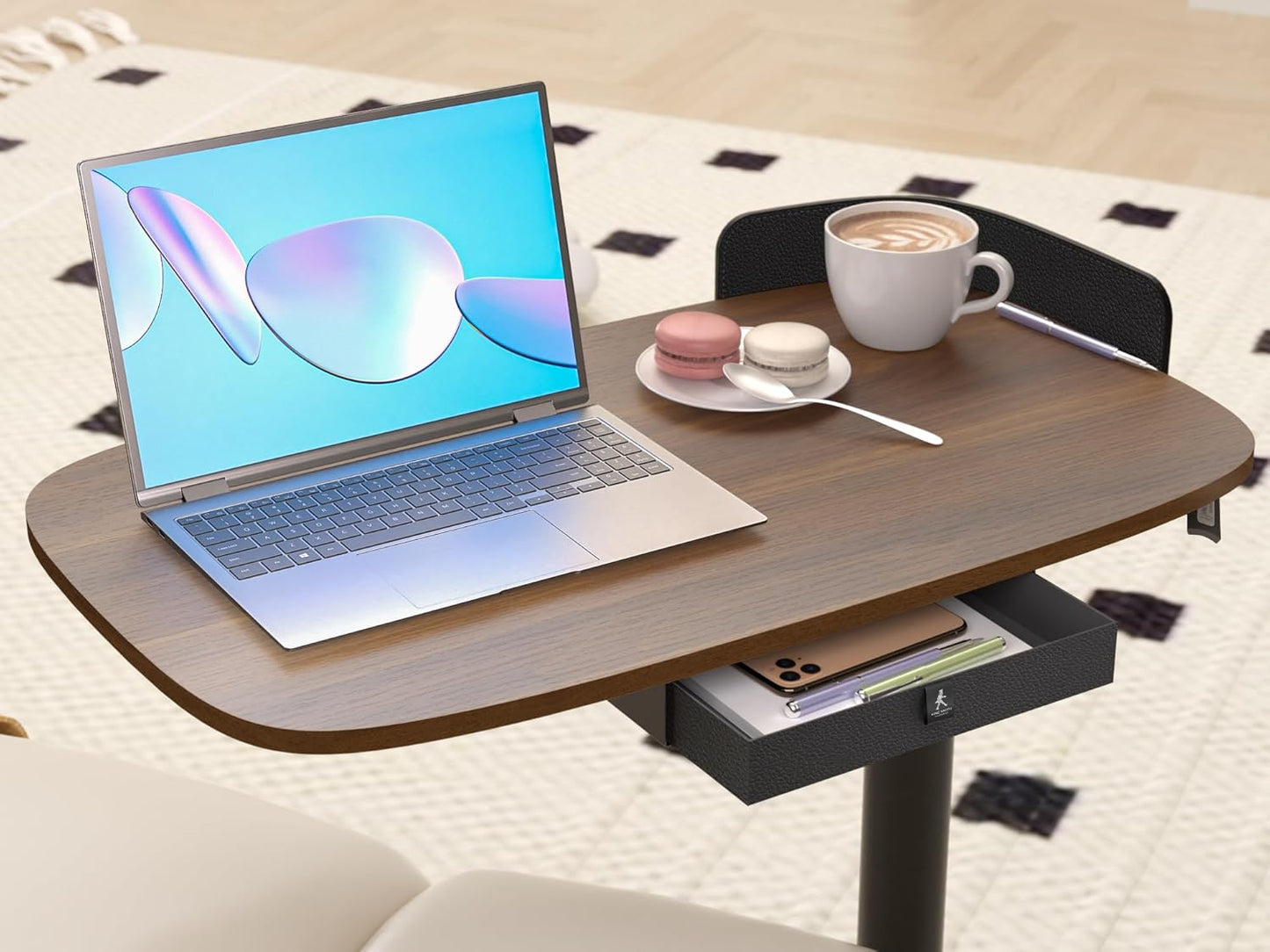 Rolling Adjustable Height Desk with Drawer and Wheels, Portable Small Standing Desk Pneumatic for Home Office, Mobile Computer Laptop Desk Cart, Medical Sofa Overbed Table, Black Walnut