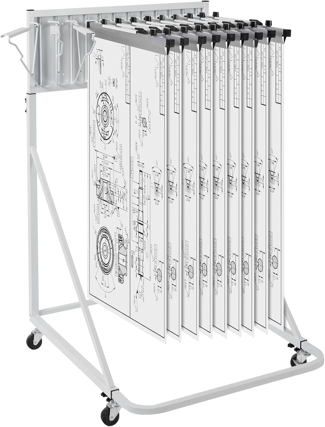 VEVOR Mobile Blueprint Storage Rack, Plan Holder with 12 Pivot Brackets, Mobile Blueprint Holder Adjustable Height & Length, Poster Display Rack for Office and Home (Rack Only Without Clamps)