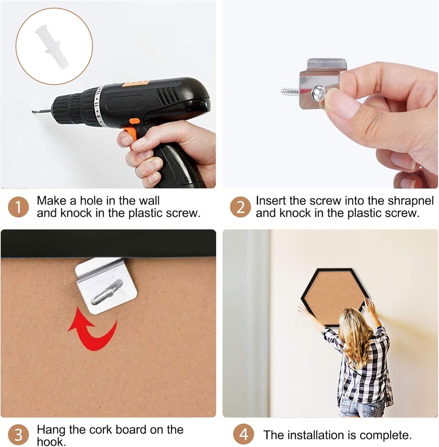 Cork Bulletin Board Hexagon Black, Small Framed Corkboard Tiles for Wall, Thick Decorative Display Boards for Home Office Decor, School Message Board with 16 Push Pin Wood Clips (4 Pack)