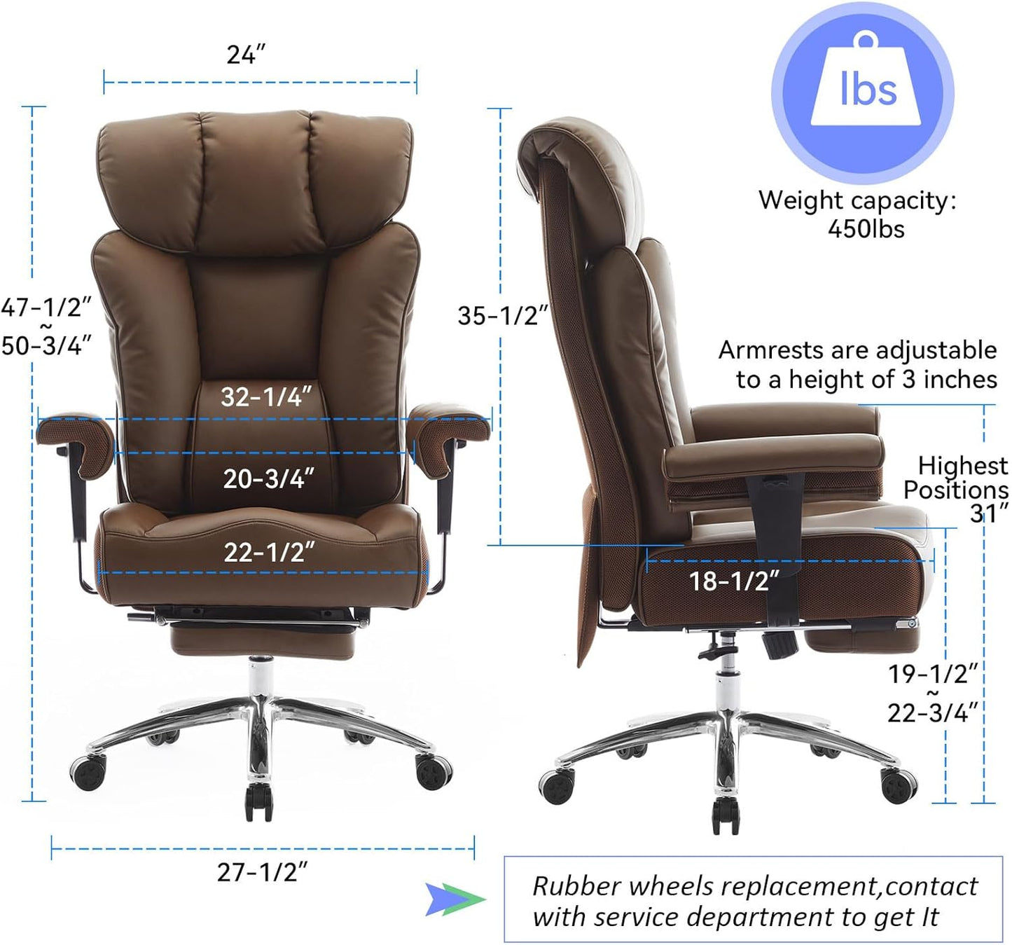 Big and Tall Ergonomic Office Chair 450LBS with Foot Rest, High Back PU Leather Executive Chair with Adjustable Padded Armrests, Lumbar Support for Home or Work, Heavy Duty Computer Chair, Brown