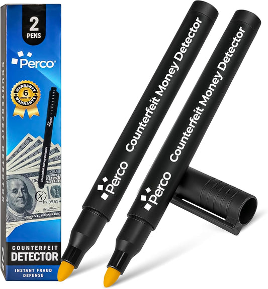Perco Counterfeit Money Detector Pen (2 Pack) - Easy to Use and Reliable Universal Currency Fake Bill Checker for Personal & Commercial Use - Ensures Authenticity & Prevents Fraud