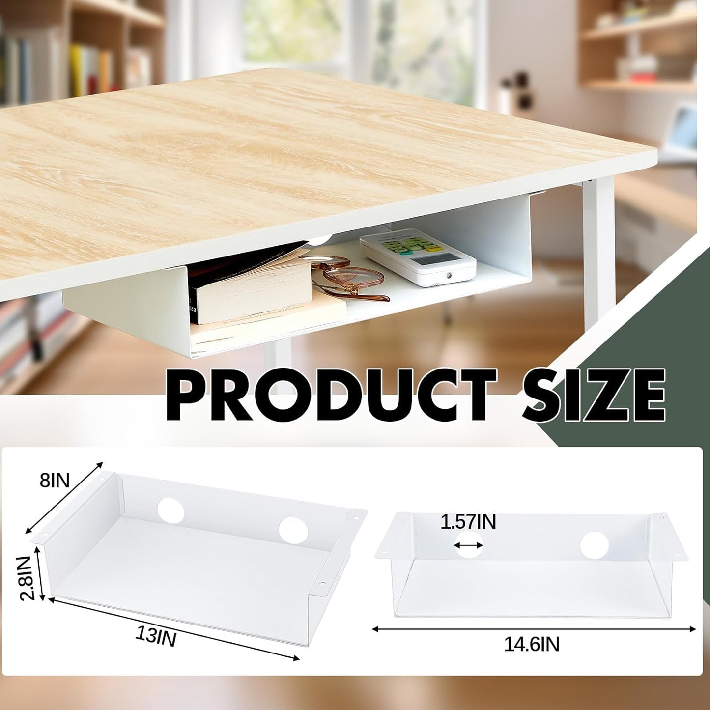 2 Pack Under Desk Storage Shelf, Carbon Steel Tray with Mute Felt Sheets, Mount Shelf Organizer for Office Home Workstation Gaming Stand Up Desk, 13x8x2.8 in(White)