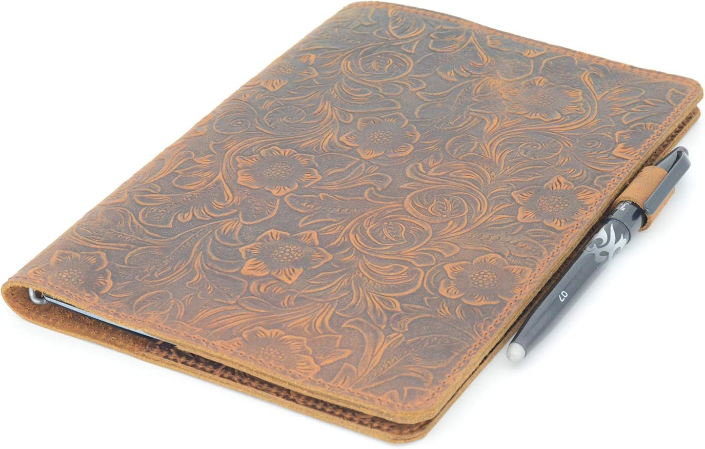 JJNUSA Compatible with Rocketbook Cover Smart Business Genuine Leather Notebook Cover for Everlast, Fusion, Wave, Moleskin A5 with Pen Loop & Business Card Holder Executive 6" x 8.8" Flower