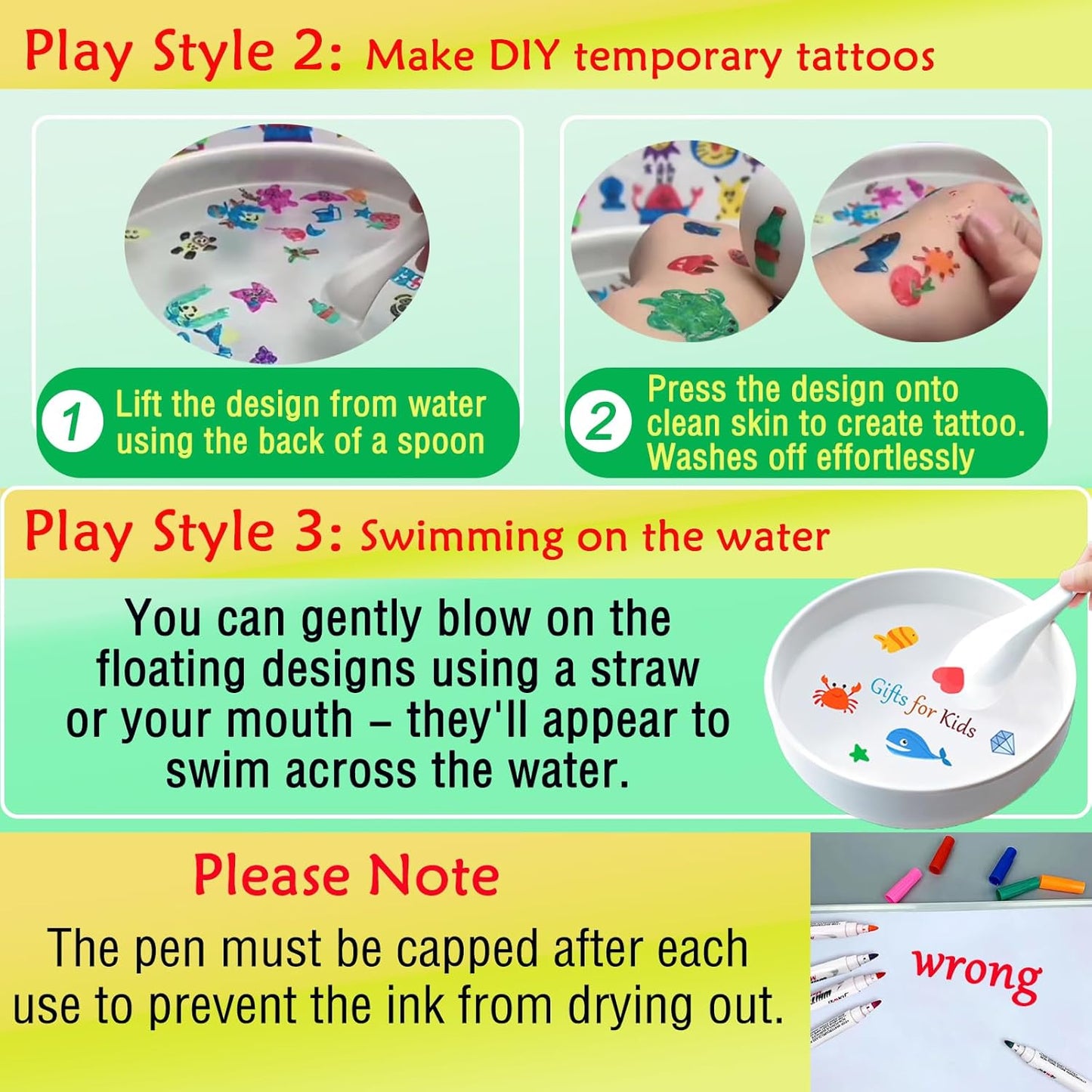 Kiddies Create Magical Floating Drawings Bundle, 12 Colors Magic Drawing Pens for Kids Water, Magical Water Painting Pen Set with Spoons & Towel, Water Art Markers for Tattoo, Gifts for Boys & Girls