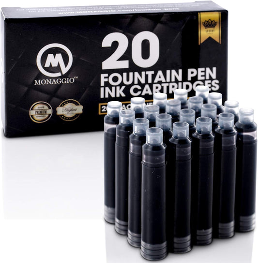 Vivid Black Ink Cartridges for Fountain Pens. Amazing Big Pack of 20 Short International Standard Size Cartridges. Perfect for Calligraphy Pen. Universal Fine Design with Incredible Long Lasting Color