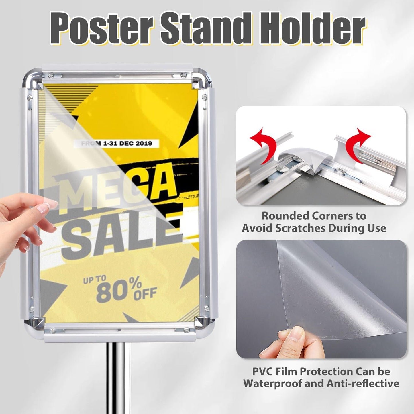 Adjustable Pedestal Poster Stand Holder - Standing Floor Sign Stand, 11x17 Inch Sign Stand Poster Frame Sign Holder for Vertical and Horizontal View, Outdoor Indoor Display, Silver (1 Pack)