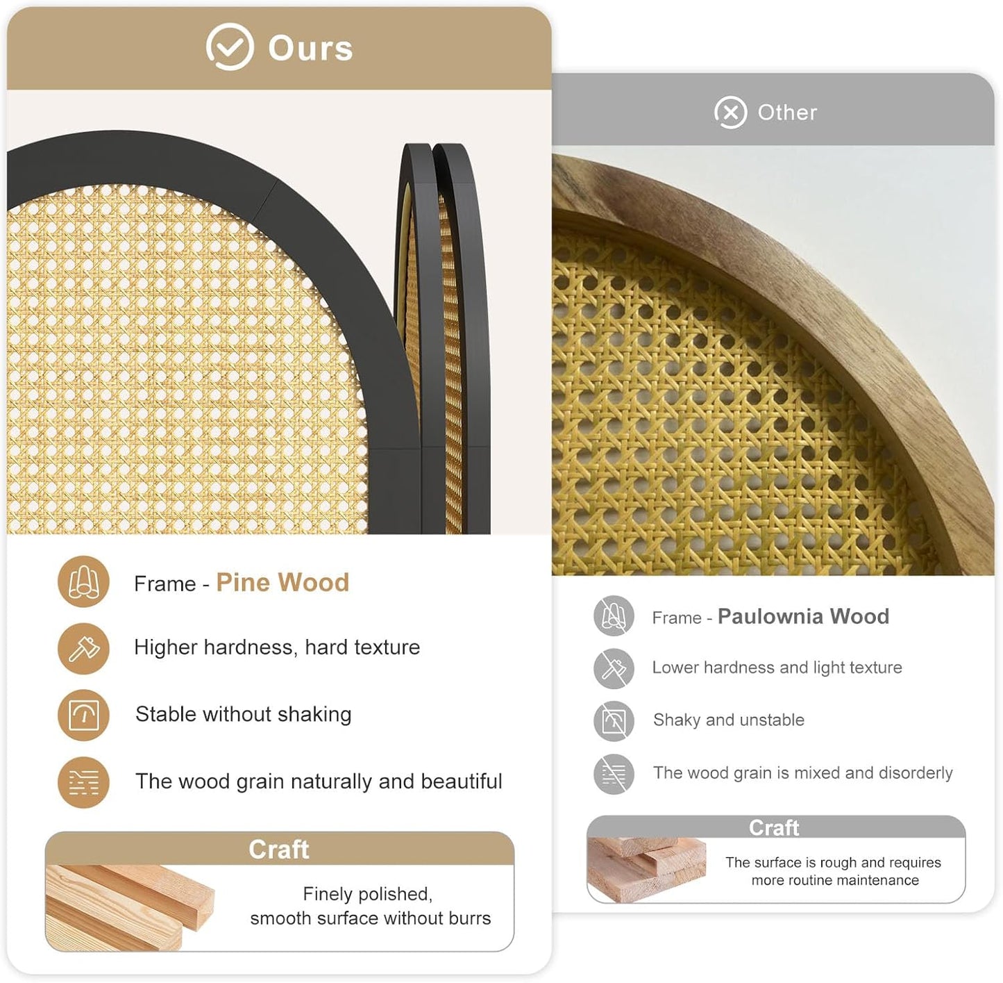 3-Panel Hand-Woven Rattan Room Divider, Tall Foldable Privacy Screen with Wooden Frame - Freestanding Portable Partition for Home Office, Bedroom, Bathroom(Black-Pine)