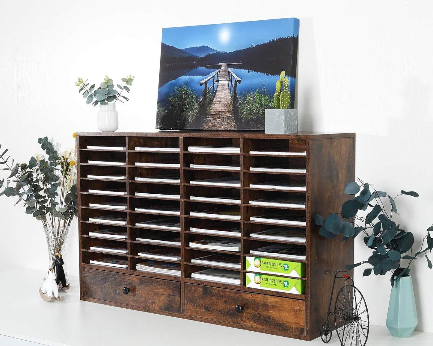 PAG Mail Sorter Organizer, Wood Literature Organizer, Student Mailbox for Classroom, Desktop Bill Paper Organizer for Office Home School, 38 Compartments, Antique Brown