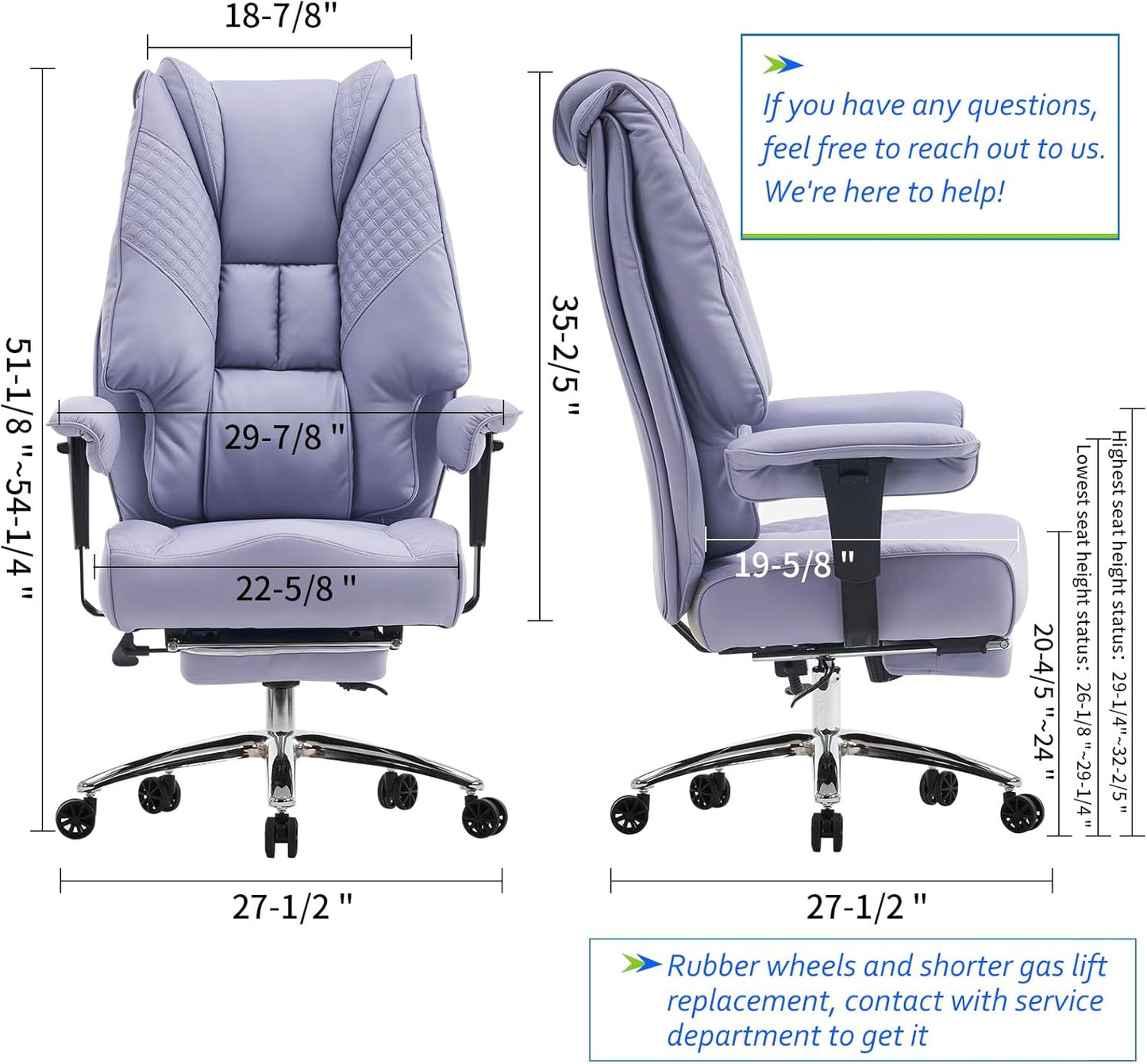 Big and Tall Office Chair 400lbs Wide Seat, Leather High Back Executive Office Chair with Foot Rest, Ergonomic Chairs Lumbar Support for Lower Back Pain Relief (Light Purple)