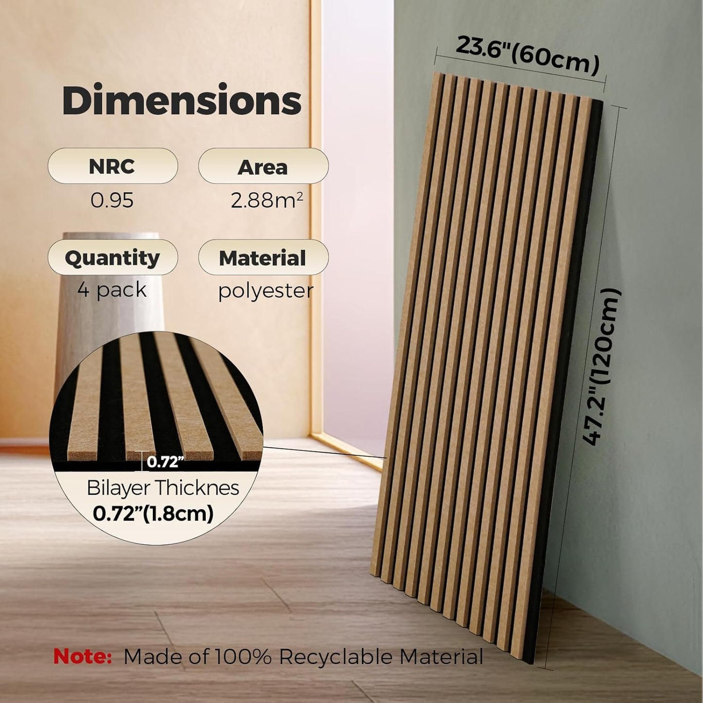 4-Pack Bilayer Acoustic Wall Panels Large Self-Adhesive, 47.2” * 23.6” * 0.71” Soundproof Wall Panel, Acoustical Barrier of Polyester Fiber, Decorative Panels for Home&Office ,Black+Brown