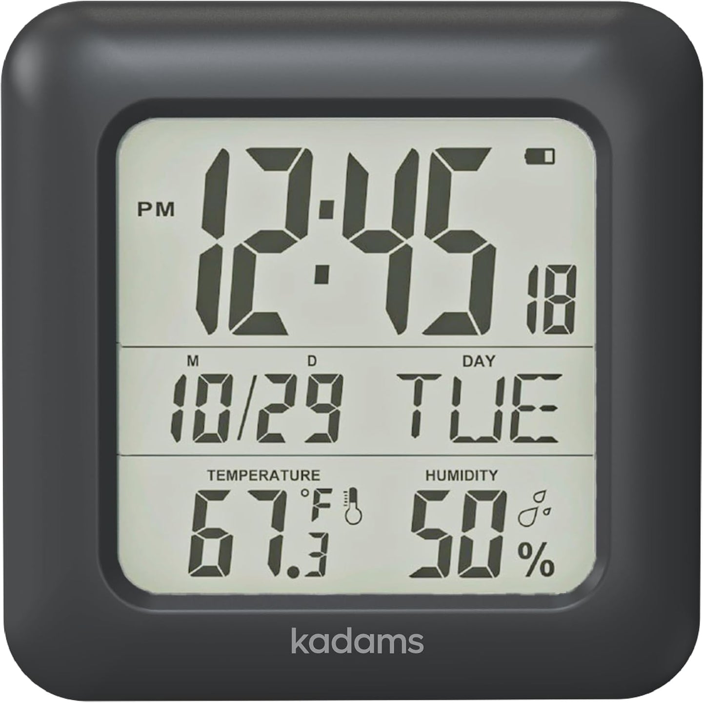 KADAMS Bathroom Clock 9.5" Kitchen Wall Clock with Large LCD Screen – Shower Clock with Suction Cup,Temperature, Humidity, Calendar – Water-Resistant, 4 Mounting Options, Black