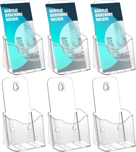6 Pack Brochure Holder, 4x9 in Acrylic Brochure Display Stand, Clear Plastic Rack Card Trifold Pamphlet Flyer Holder,Countertop and Wall Mount Use