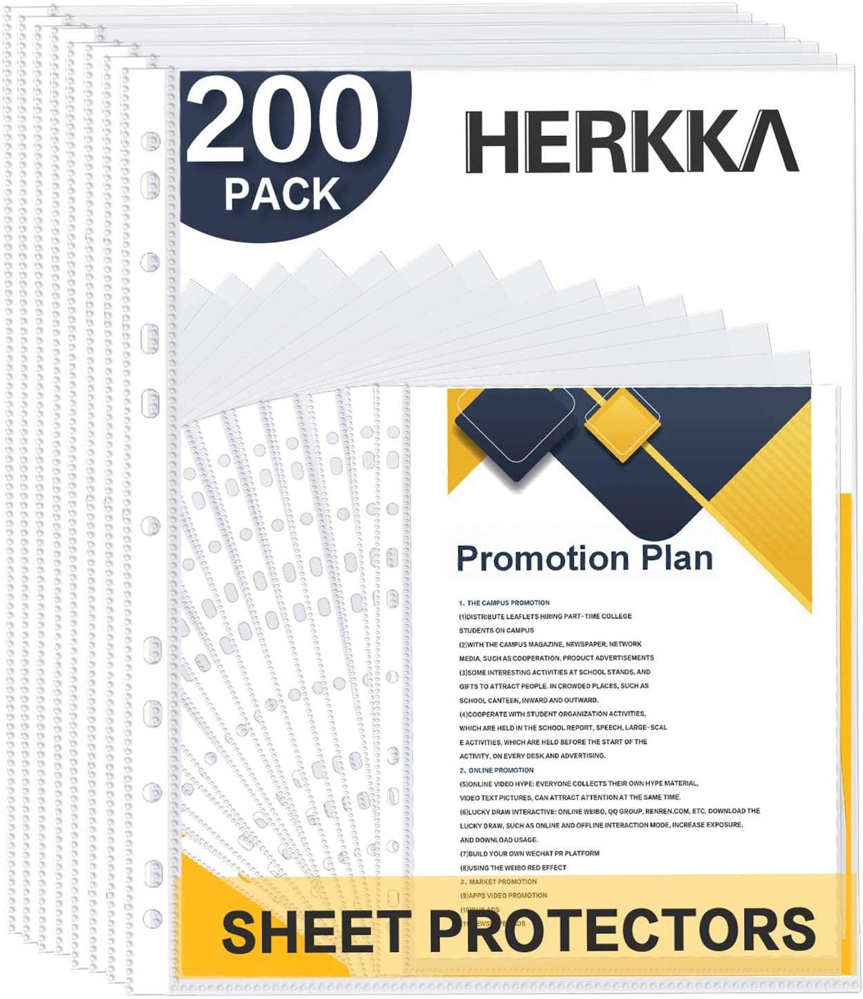 Sheet Protectors, HERKKA 200 Pack Upgrade Clear Plastic Page Protectors Sheet Reinforced 11-Hole Fit for 3 Ring Binder Fits Standard 8.5 x 11 Paper, 9.25 x 11.25 Top Loaded, Acid Free