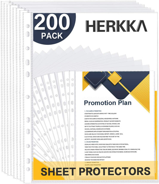 Sheet Protectors, HERKKA 200 Pack Upgrade Clear Plastic Page Protectors Sheet Reinforced 11-Hole Fit for 3 Ring Binder Fits Standard 8.5 x 11 Paper, 9.25 x 11.25 Top Loaded, Acid Free