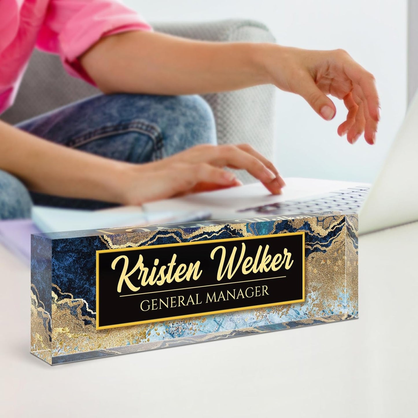 Name Plate for Desk, Desk Name Plate Personalized, Office Decor for Women Men, Acrylic Desktop Accessories, Office Appreciation Gifts for Boss Social Workers Nurse Teacher Employee (Blue/Gold)