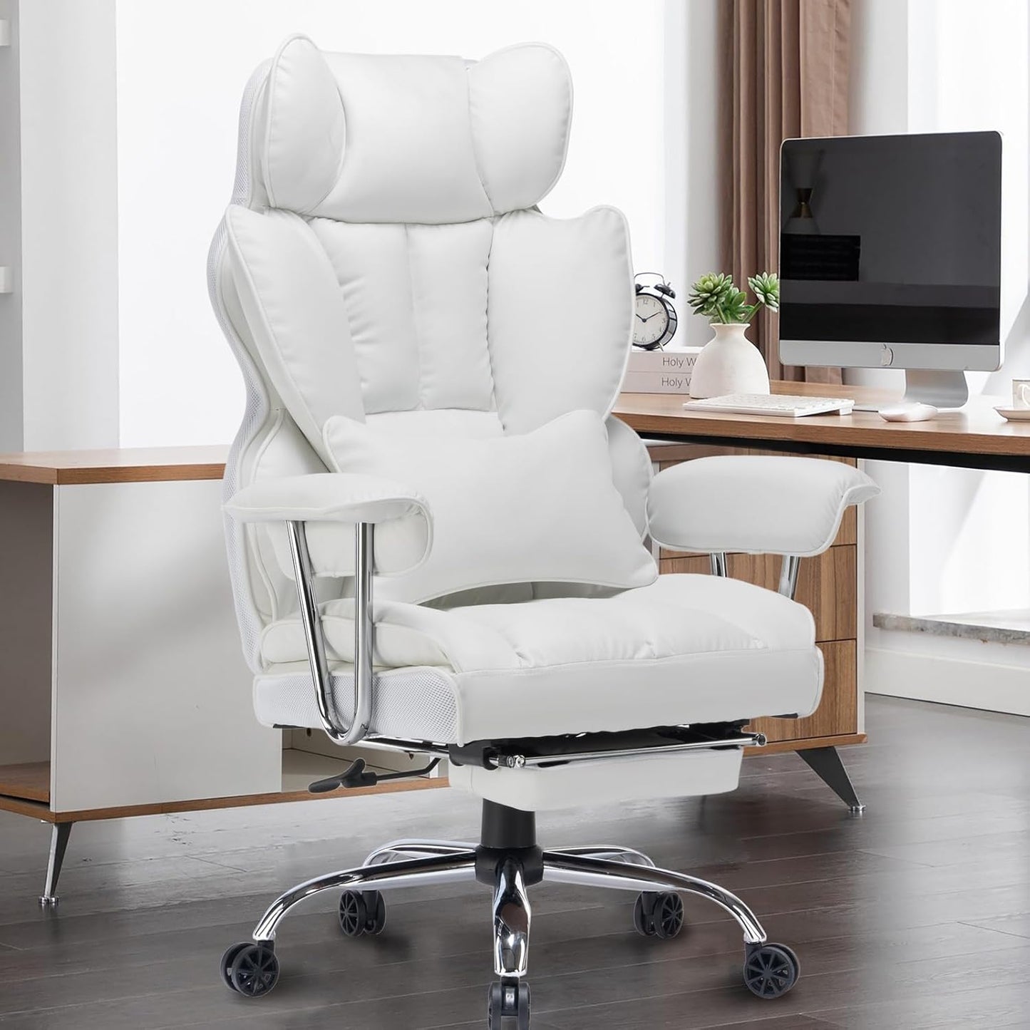 Efomao Big and Tall Office Chair 400lbs – High Back PU Leather Executive Chair with Lumbar Support, Footrest, Swivel Base, Padded Armrests, and Rolling Wheels for Home Office, White Computer Chair