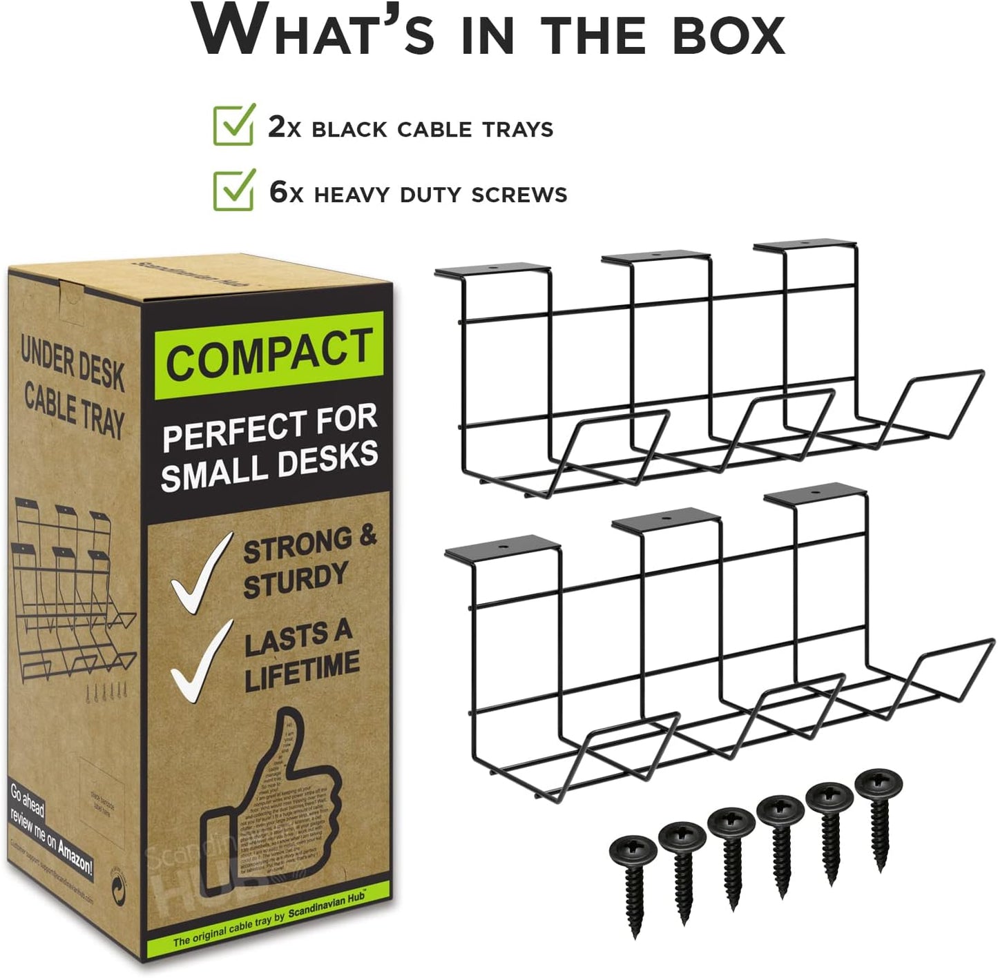 Compact Under Desk Cable Management Tray - Cable Organizer for Wire Management, Desk Wire Organizer, Cable Tray - Black Set of 2x12