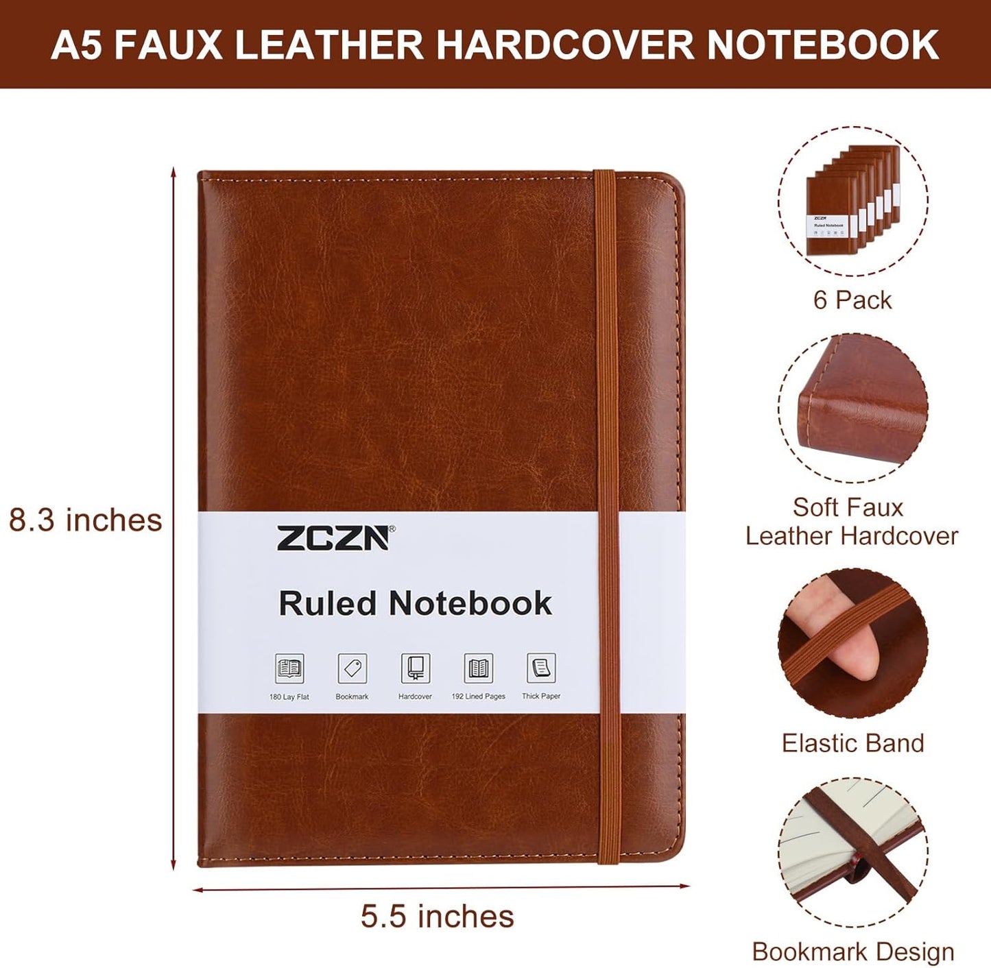 ZCZN 6 Pack Lined Journal Notebooks, 192 Pages A5 Hardcover Leather Journals for Work,Writing,School & Travel, College Ruled Journaling Notebooks for Notes Taking,Diary Notepad (Black*2+Brown*2+Red*2)