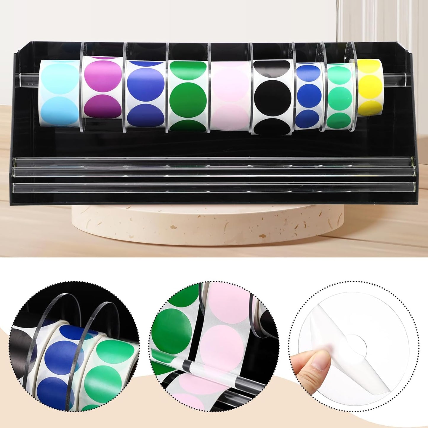 Adjustable Label Dispenser Acrylic Sticker Roll Dispenser Label Roll Holder Multi Use Sticker Holder Organizer Stand for School Gifts and Home Office Desktop(9 Disks)