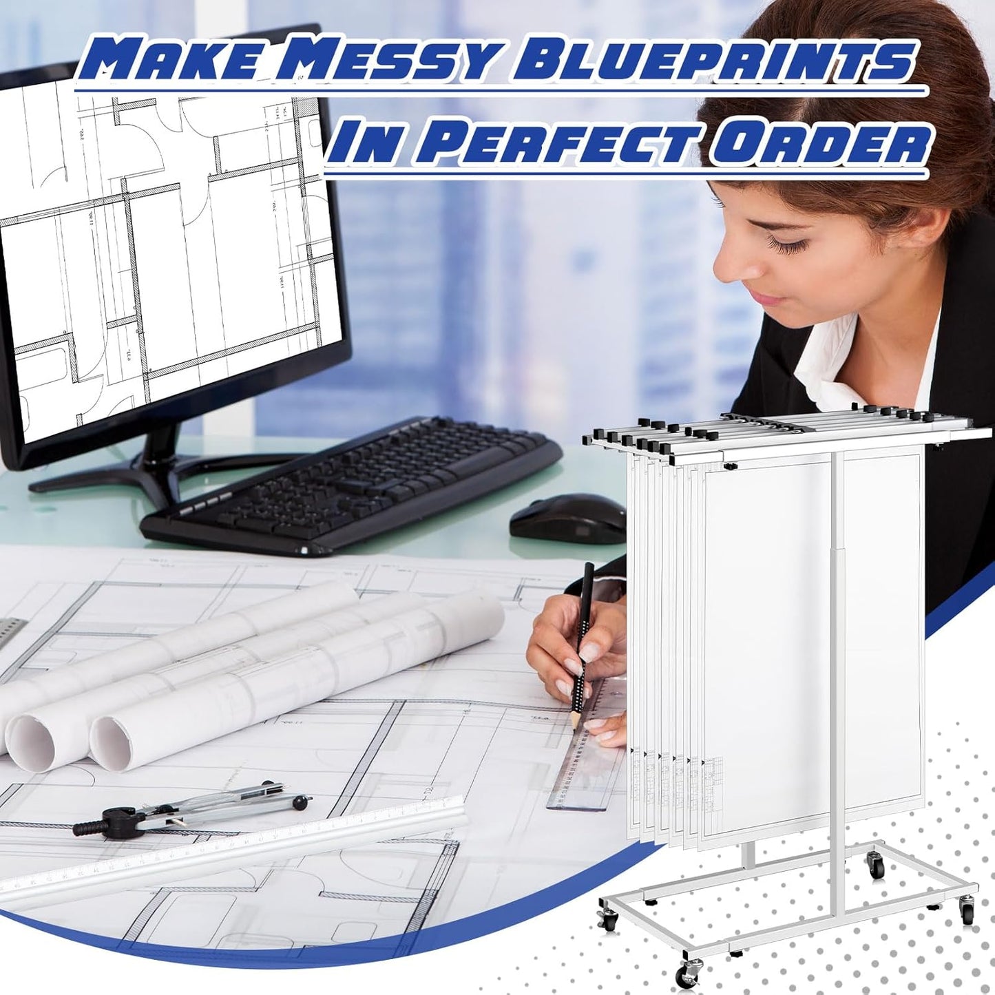 Mobile Blueprint Storage Rack Adjustable Holder with 6 Pcs Blueprint Clamps 4 Wheels Storage Organizer Stand for File Display Plan Office Home(30 Inch)