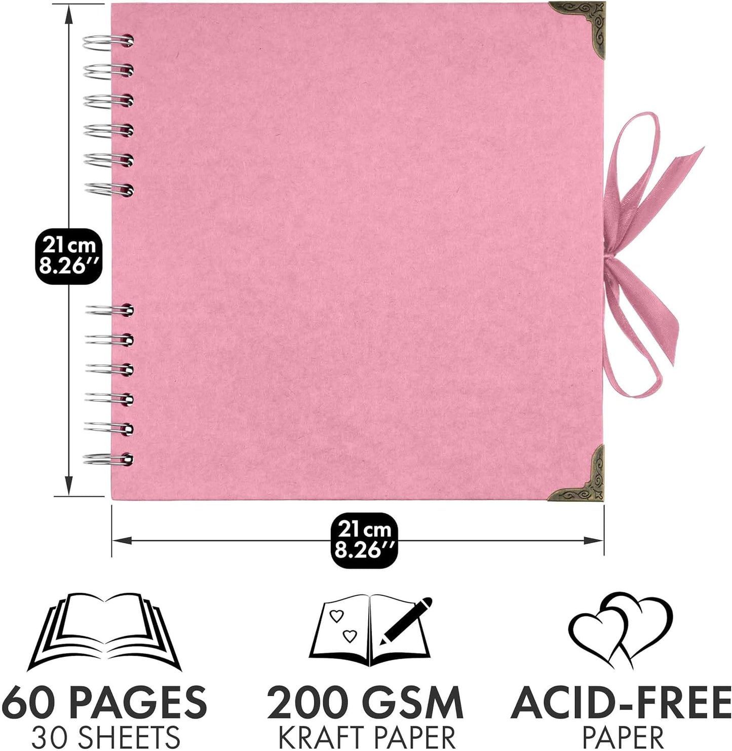 Bstorify Square Scrapbook Photo Albums 8 x 8 Inch Pink Thick Paper, Hardcover, Metal Corners, Ribbon Closure - Ideal for Your Scrapbooking Albums, Art & Craft Projects