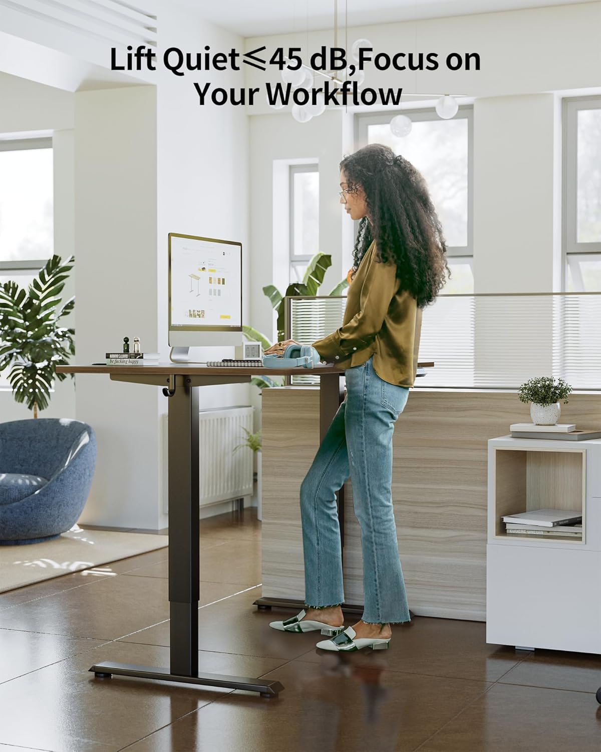 FEZIBO One-Piece Standing Desk Adjustable Height Stand up Home Office Desk, 48x24 Inch Electric Standing Computer Desk, with 4 Memory Presets, Fixable casters, Black Walnut