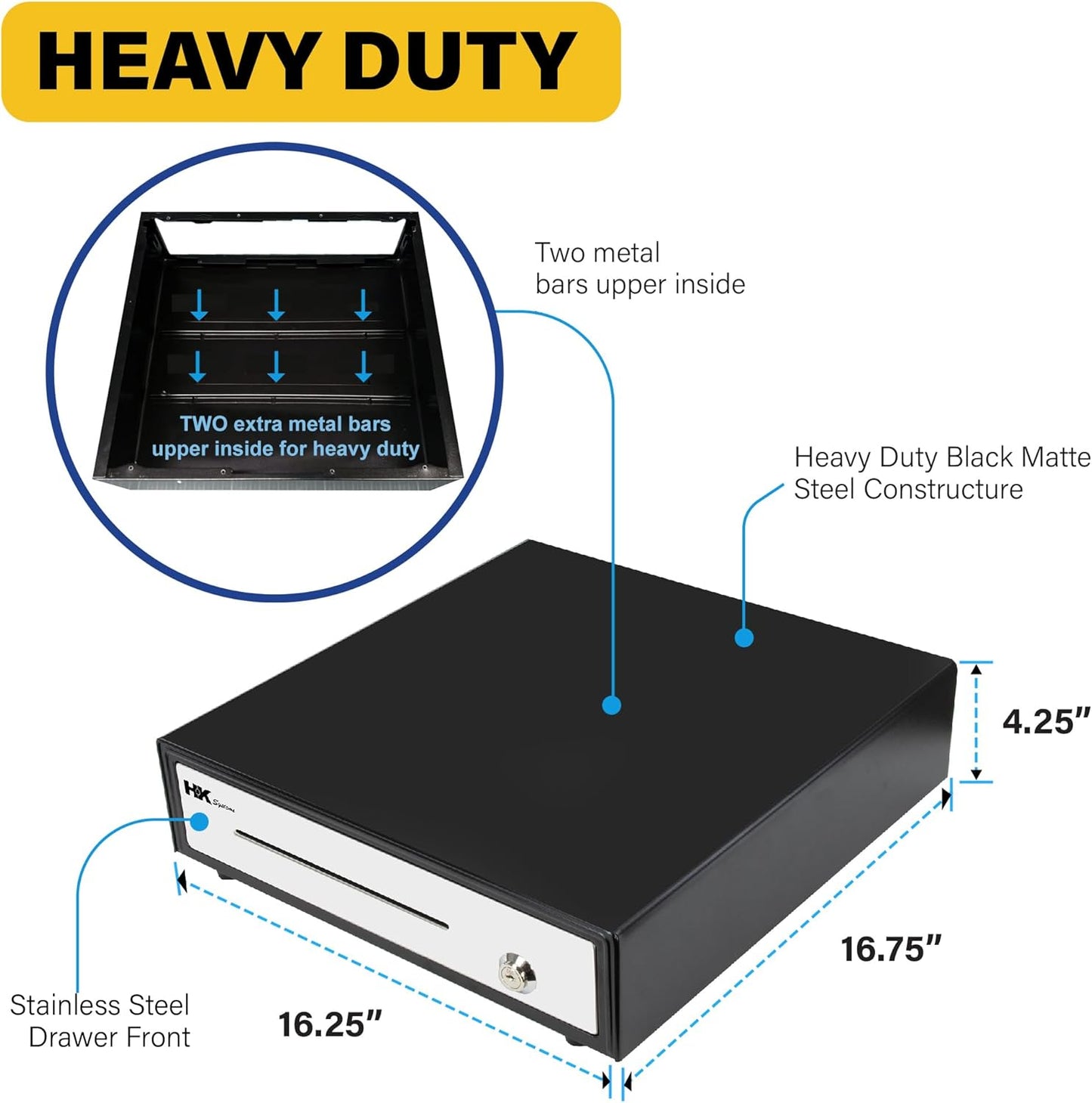 HK SYSTEMS 16" POS Cash Drawer Stainless Steel Front, Ball bearing slide, Heavy Duty POS with Removable Tray 5Bill/5Coin