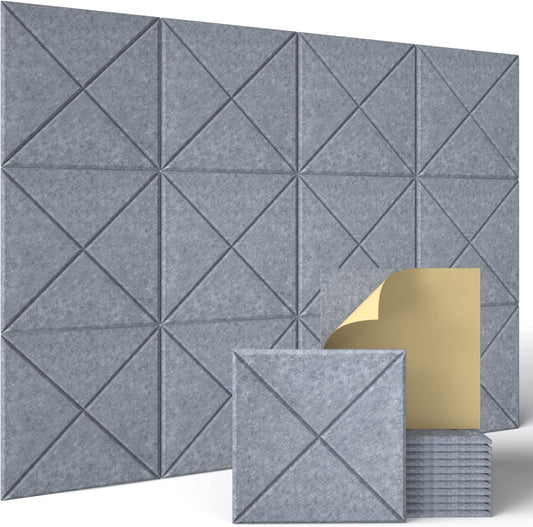 Sonicism 12 Pack X-Lined Acoustic Panels with Self-Adhesive, 12"X 12"X 0.4" Sound Proof Foam Panels, Decorative Soundproof Wall Panels, Sound Absorbing Tile for Home & Offices, Gray