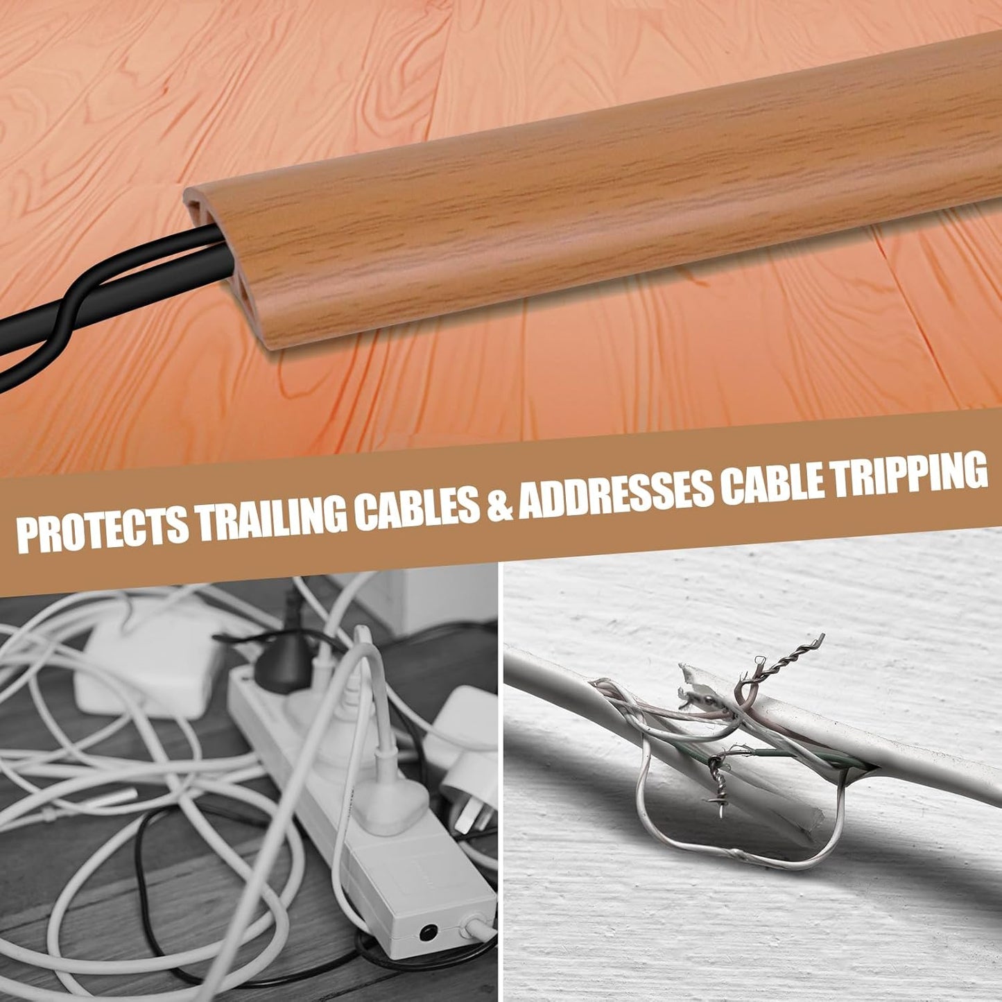Floor Cord Cover Self Adhesive Cord Hider,3.3FT Cable Management, Extension Strip Protector for Wires, Prevent Cable Trips for Offices, Gyms, Exhibitions Cavity:0.39"(W) x 0.27"(H) Brown Wood