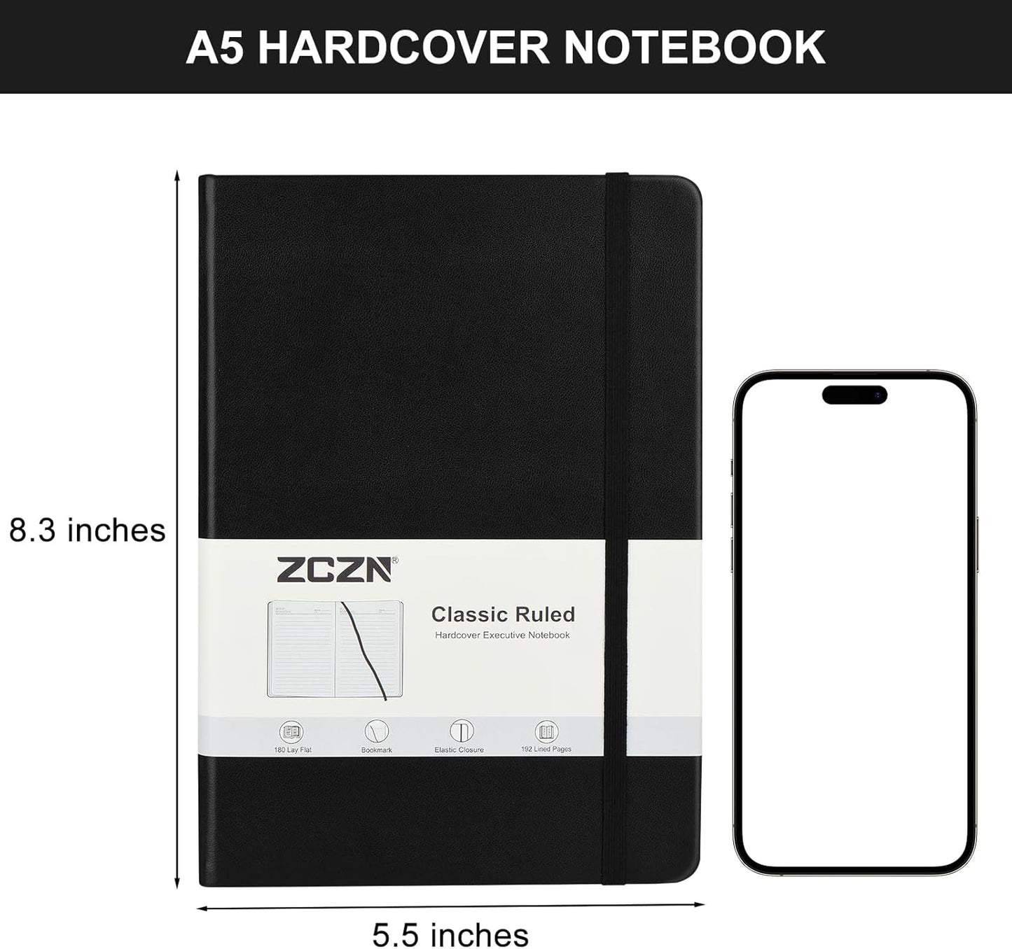 ZCZN 8 Pack Hardcover Journal Notebooks, 5.5"x8.3", Hardcover, Black, A5 Lined Journals for Notes-taking,Writing,Diary, Ruled Journaling Notebooks for Work School Travel Home