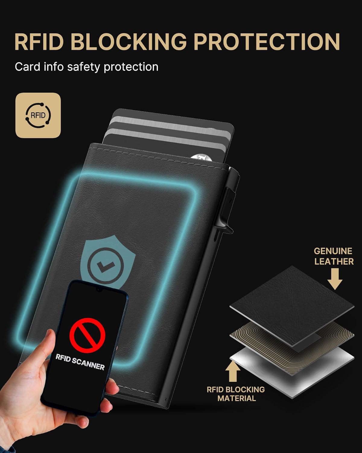 typecase Mens Wallet Card Holder: Pop Up Aluminum Case, Genuine Leather, Smart, RFID Blocking, Slim, Minimalist, Front Pocket - 9-14 Card Capacity | ID Window | Cash Slot - Oil Wax Black