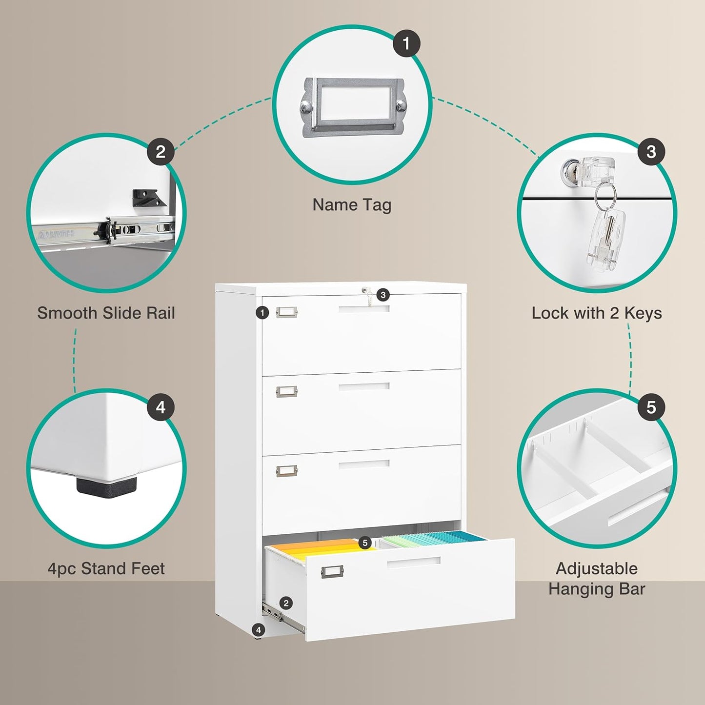 4 Drawer Lateral File Cabinet with Lock,White Lateral Filing Cabinet,Horizontal Metal Filing Cabinet,Locked Wide Four Drawer File Cabinet for Office Home,Fit A4/F4/Letter/Legal File,-Assembly Required