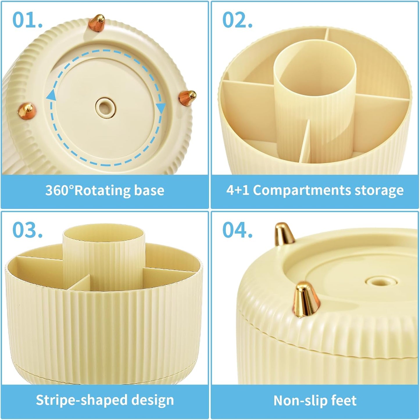 Marbrasse Desk Organizer, 360-Degree Rotating Pen Holder, Desk Organizers and Accessories with 5 Compartments Pencil Holder, Art Supply Storage Box Caddy for Office, Home (Yellow)