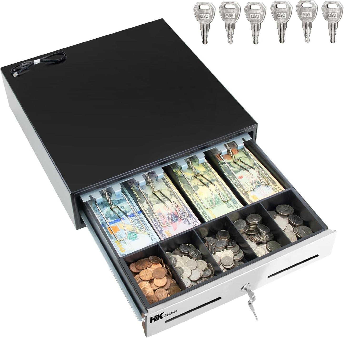 HK SYSTEMS 13inch "Stainless Steel" Front Heavy Duty Black POS Interface Cash Drawer with 4Bill/5Coin