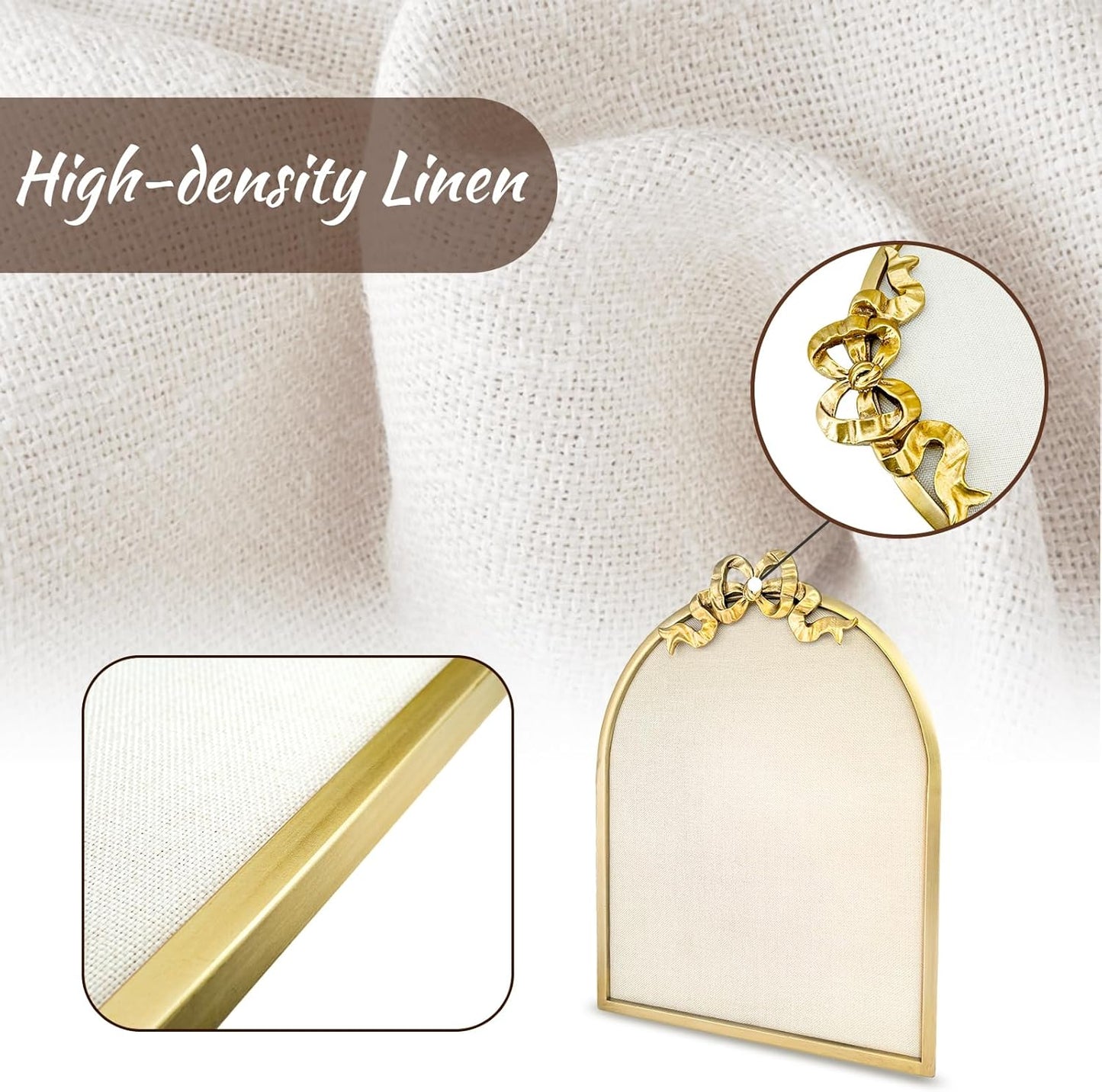 Vintage Arched Linen Cork Board with Gold Bowknot – Decorative Bulletin Board for Walls, Iron Frame Pin Board for Notes, Photos & Reminders, Elegant Vision Board for Home & Office 16"x21"